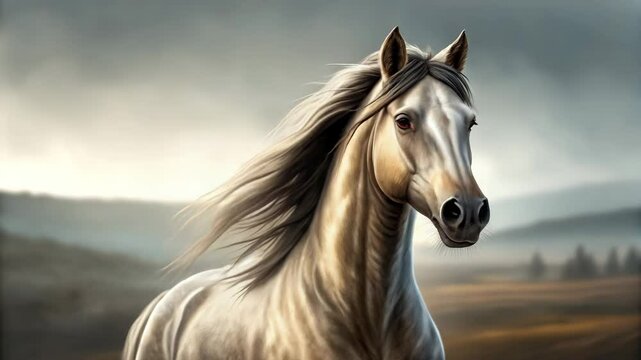 Majestic Palomino Horse Running Free in a Serene Landscape Under a Dramatic Sky Stunning Equestrian Photography Breathtaking Animal Portrait