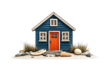 A small blue wooden house with a bright orange door, surrounded by seashells, rocks, grass, and a spotted seal figure.
