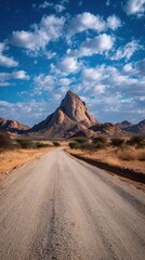 Naklejka premium Spitzkoppe Mountain Namibia landscape view from ground level on dirt road under blue sky with clouds