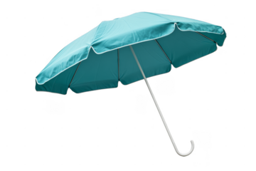A light blue umbrella with a curved handle and wide canopy.