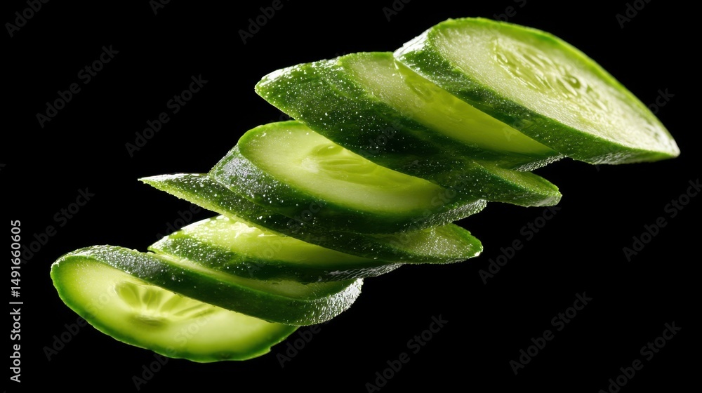 Poster sliced cucumber stacked in studio shot against black backdrop featuring freshness and green color pa