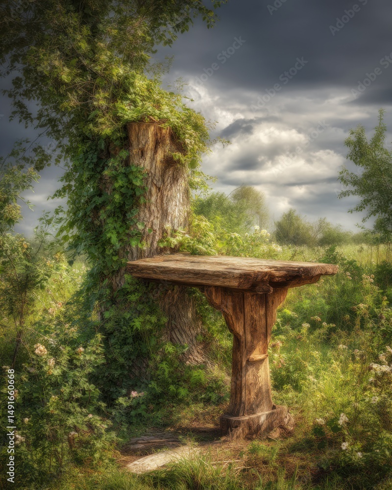 Poster rustic wooden table attached to old tree in overgrown meadow under dramatic sky scenic view nature p