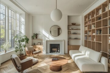 Fototapeta premium Modern living room interior design showcasing warm tones.