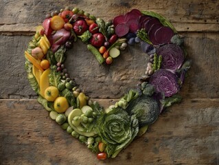 Heart shape formed by colorful fresh vegetables on rustic wooden background overhead shot healthy eating concept