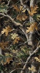 Camouflage Pattern of Oak Leaves and Tree Branches for Hunting Apparel and Outdoor Gear Design Close Up