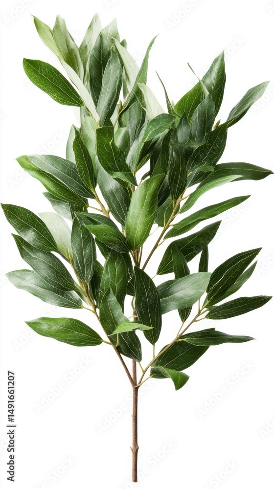 Poster Upward view of a single branch with green leaves on a white background for botanical study or design element
