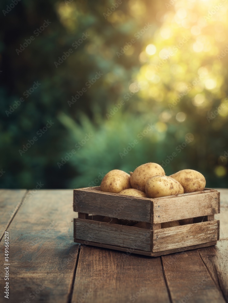 Aufkleber Fresh potatoes in wooden crate on rustic table in garden setting with bokeh background close up shot