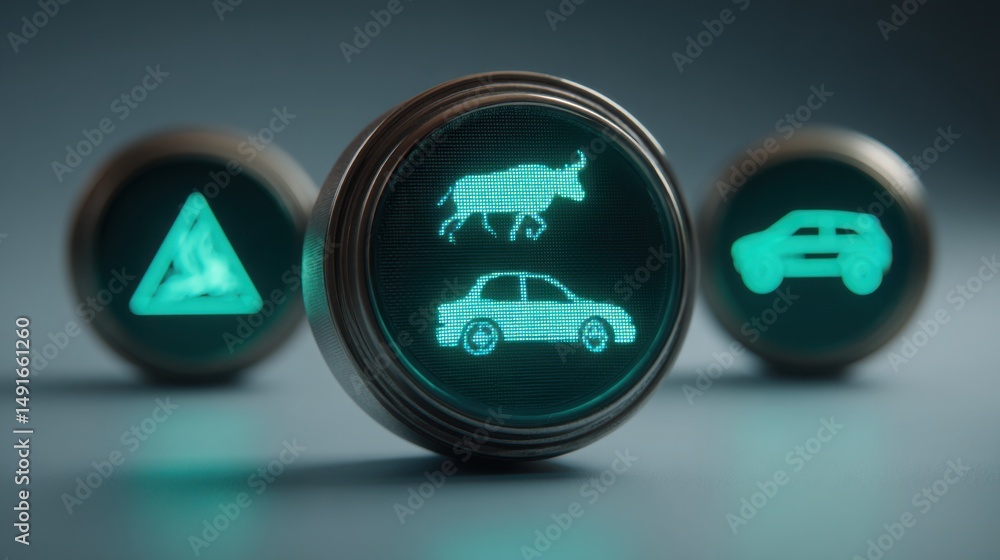 Poster green button featuring car icons representing automated trading rule enforcement system and vehicle 