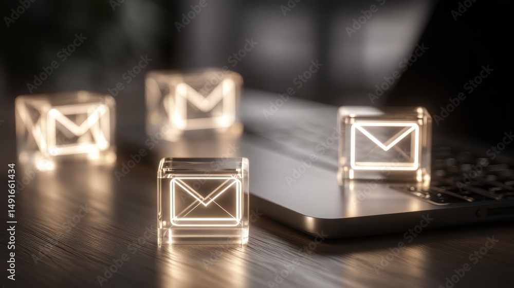 Poster laptop surrounded by illuminated letters representing subject line testing engine and email optimiza
