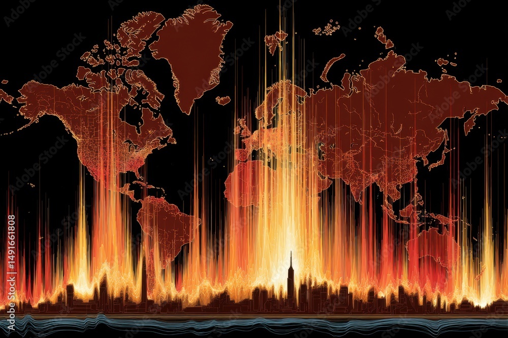 Leinwandbilder Global Connectivity Visualization Graphic of World Map and City Skyline with Data Streams in Warm Colors