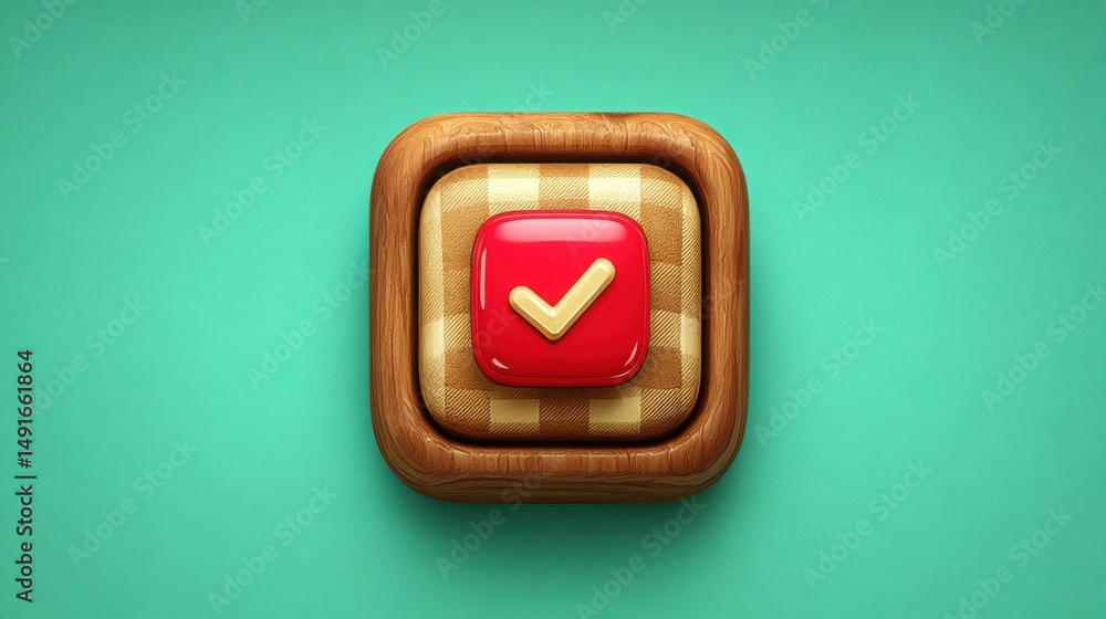 Poster wooden button featuring a check mark, symbolizing task completion and prioritization in organization