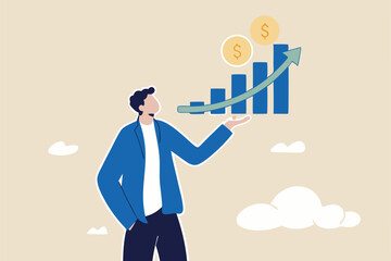 Investment profit growth, financial advisor or wealth management, make money to get rich or increase earning or income concept, confidence businessman investor holding big rising profit growth graph.