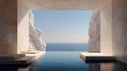 Serene Cliffside Pool Turquoise Water with Marble Arch, and Blue Sky Escape.