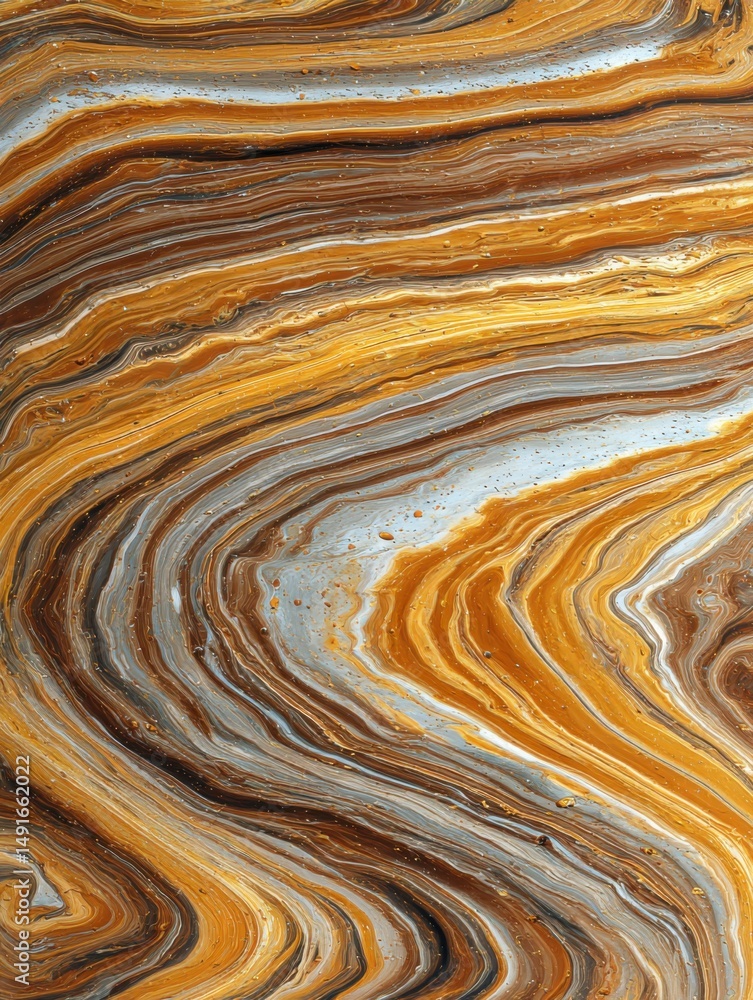 Poster abstract fluid art painting creating swirling patterns of gold brown and silver colors close up shot