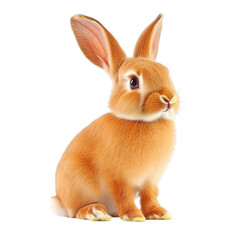 Fototapeta premium Adorable small brown rabbit sitting on white background with big alert ears and bright eyes, cute furry animal for nature pets and wildlife concept