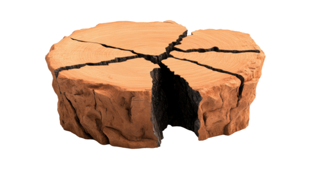 A cracked tree stump is displayed on a white background, featu deep fissures and a rough, charred texture.