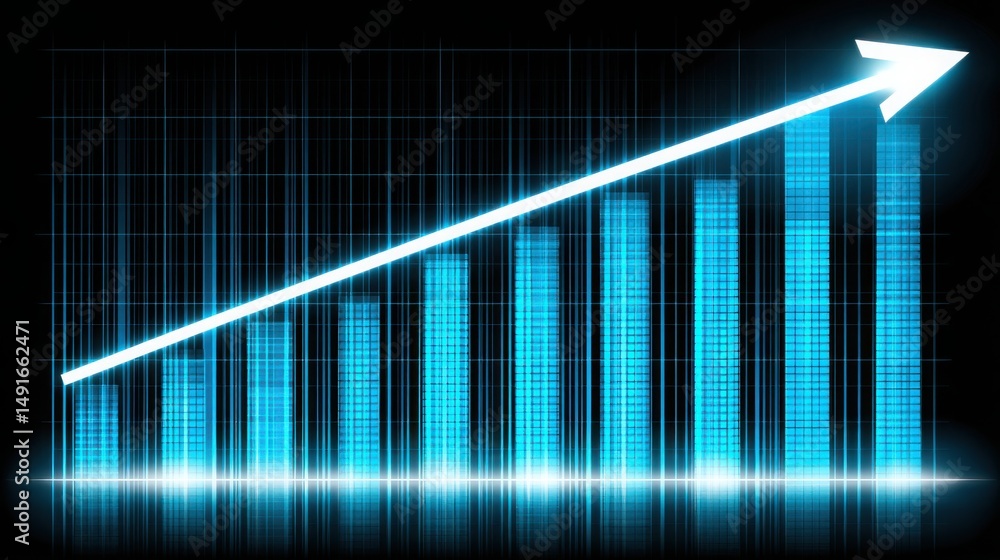 Poster blue graph bar chart with upward arrow signifying technical momentum surge and positive growth in da