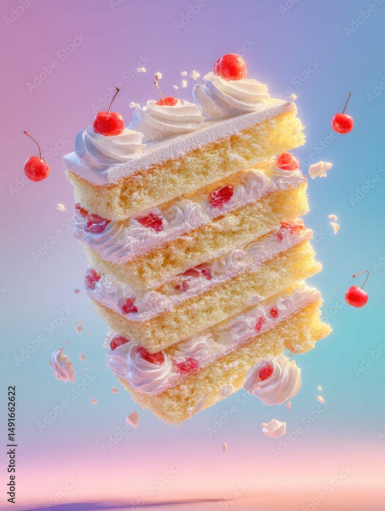 Poster stacked sponge cake layers with whipped cream and cherries floating in pastel gradient studio shot