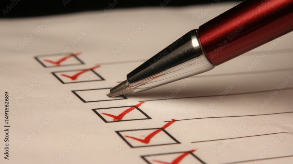 Poster technical trade confirmation interface icon concept showcasing a pen and a checklist for verifying i