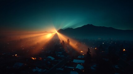 Breathtaking Sunrise Crepuscular Rays Illuminating Misty Mountain Town
