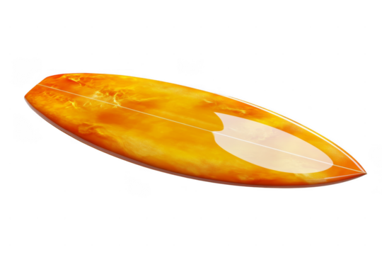 Sleek orange surfboard with a vibrant design and streamlined shape. - Powered by Adobe