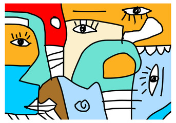 Playful and colorful abstract faces with spiral motifs and symbolic shapes in pop-surrealist style.