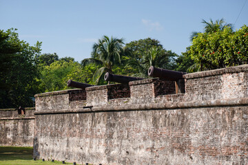 Historic stone fort wall with mounted cannons surrounded by lush tropical greenery under a clear...