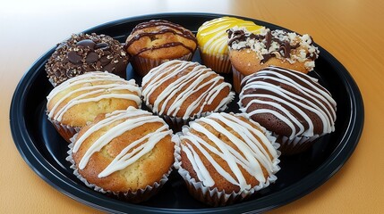 Assorted Sweet Muffins with Various Frostings on a Tray
