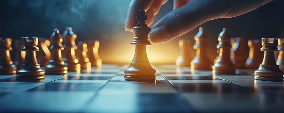 Hand moves chess king, strategy game
