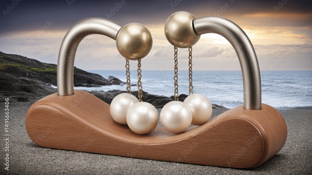 Poster pair of pearls on a wooden stand representing time symmetry and temporal alignment in aesthetic desi