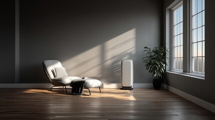 Minimalist living room with modern chair, air purifier, and natural light
