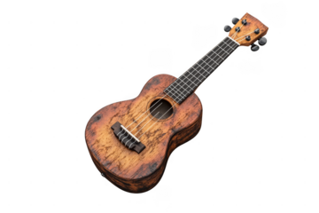 A small, rustic wooden ukulele with four strings and a natural finish.