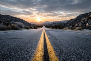 Desert Highway Perspective at Sunset in Joshua Tree National Park California USA Landscape