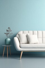 Minimalist Living Room Interior Featuring White Sofa and Teal Accents in Modern Style Studio Shot