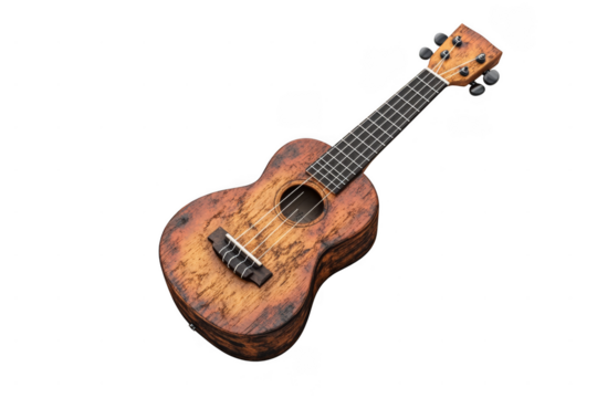 A small, rustic wooden ukulele with four strings and a natural finish.