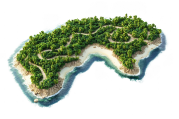 A lush tropical island covered in dense green trees with sandy shores and winding paths.