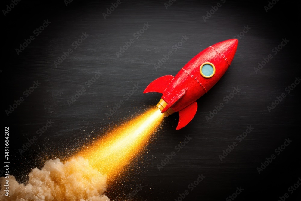Poster red toy rocket taking off on black background studio shot concept of startup innovation and imaginat