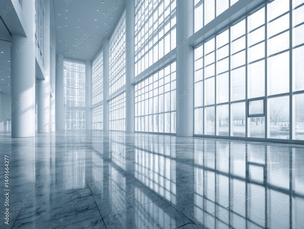 Poster empty modern lobby interior with large windows and reflections in marble floor, architectural design