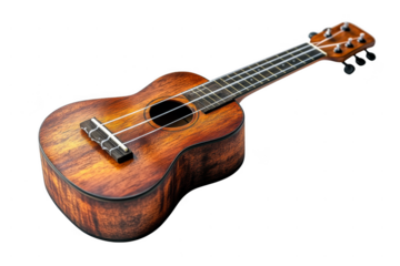 A wooden ukulele with four strings and a polished finish.