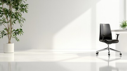 Modern office interior featuring black chair and potted plant bathed in sunlight minimalist workspace design