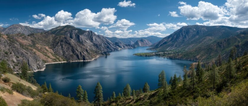 Scenic Panorama of Lake Chelan Washington State USA from High Angle View with Mountains and Clouds on a Sunny Day in the Pacific Northwest