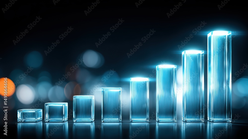 Poster bar chart illuminated by blue light depicting trading structure planner with fibonacci logic icon co