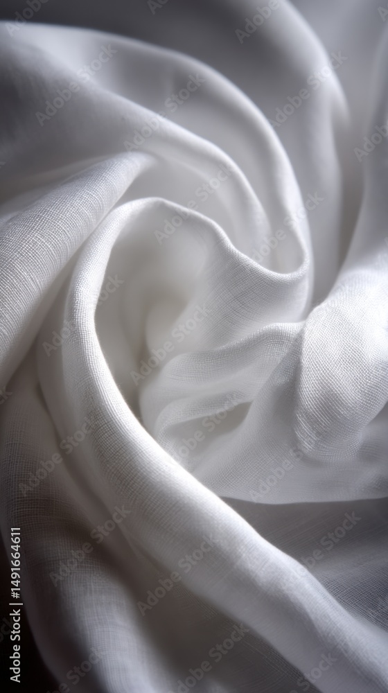 Poster Abstract close-up of flowing white linen fabric creating soft curves and shadows in a studio setting for a minimalist aesthetic