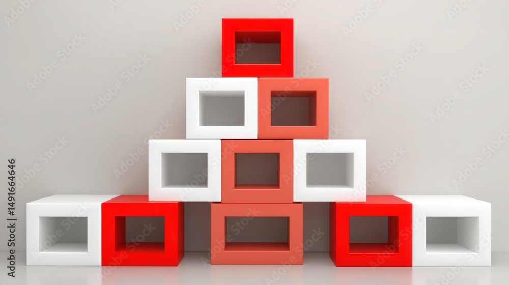 Poster red and white cubes symbolizing trading structure planner with fibonacci logic icon concept for fina