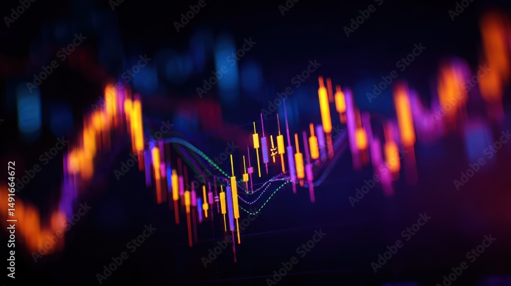 Poster stock chart featuring neon blue and yellow arrow representing trading structure planner with fibonac