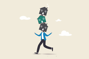 Housing investment risk, uncertainty of property mortgage loan and interest rate, real estate debt, buying too many houses concept, tried businessman balancing unstable stack of houses he bought.