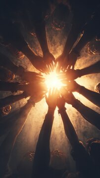 Teamwork hands reaching up to light in circle low angle view in dark room for success and support