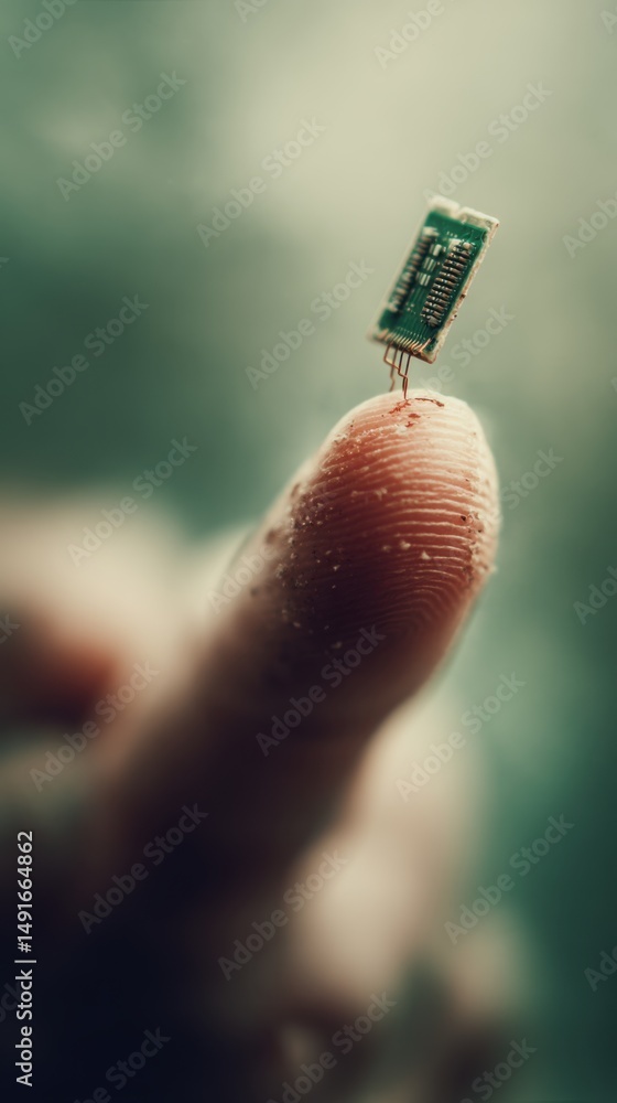 Poster Semiconductor Chip Balanced on Fingertip Macro Shot of Microelectronics and Human Touch Future Technology Concept