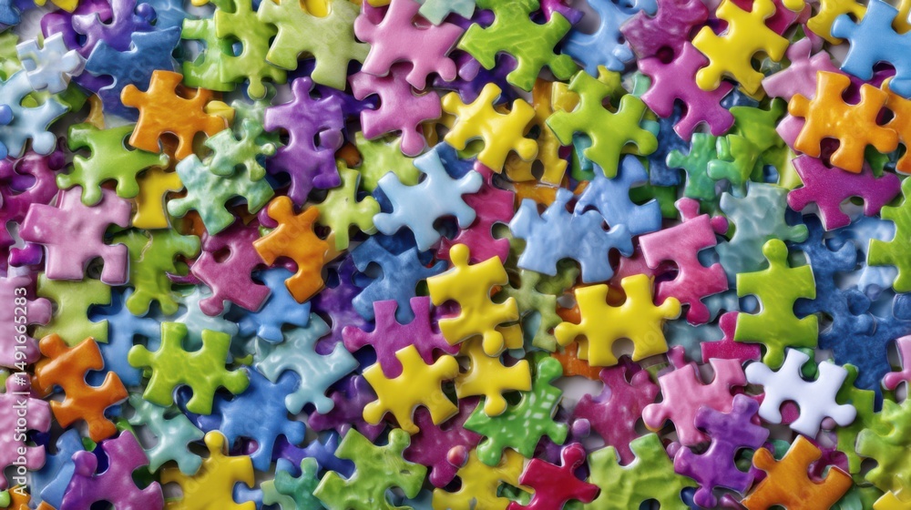 Poster overhead close up of colorful jigsaw puzzle pieces scattered randomly creating vibrant pattern and t