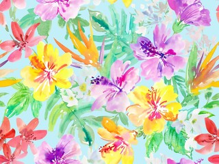 Seamless pattern of abstract purple and yellow hibiscus flowers, tropical foliage, and monstera leaves painted in watercolor. Hand painted floral wallpaper in watercolor for wedding invitation. © Sawango
